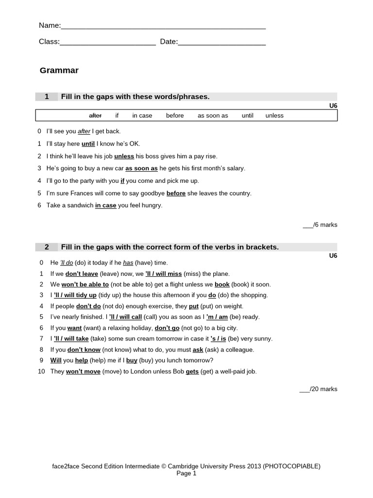 F2F Unit Tests 6-12 Answer Key | PDF | Climate Change