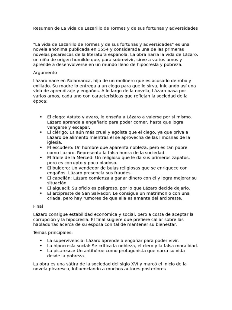 Resumen de Lazarillo de Tormes | PDF