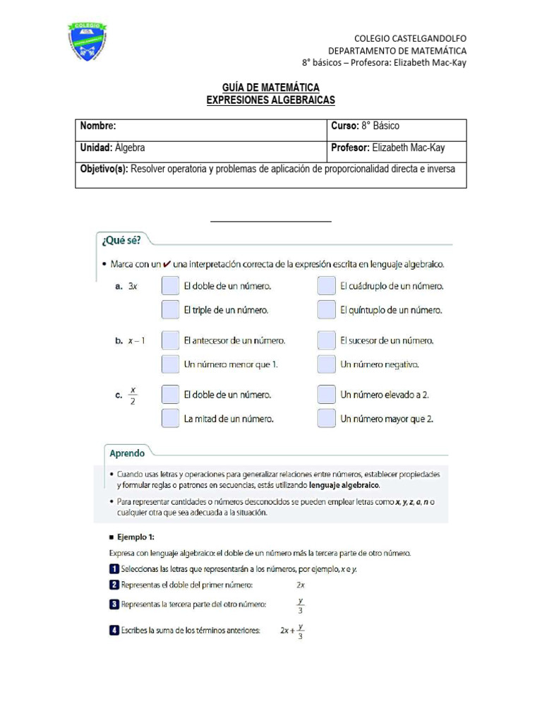 Guía de Expresiones Algebraicas 8° Básico | PDF