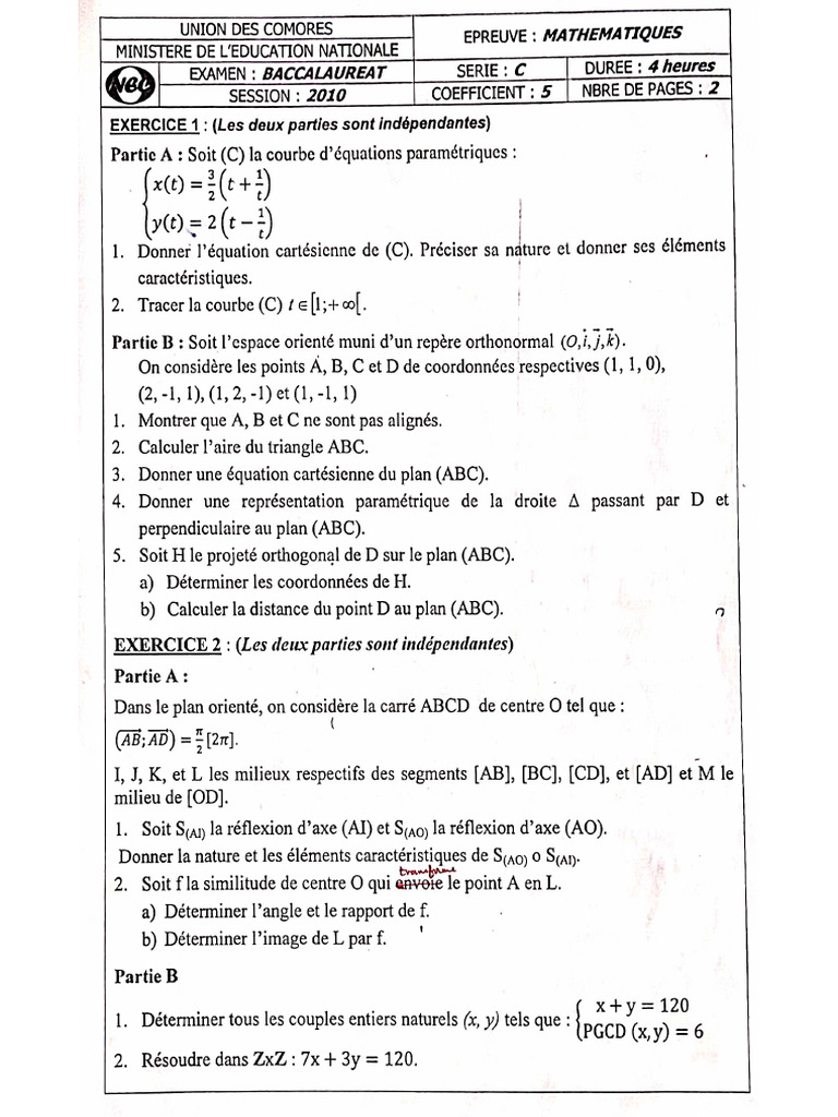 Bac C 2010 Maths Union Des Comores | PDF