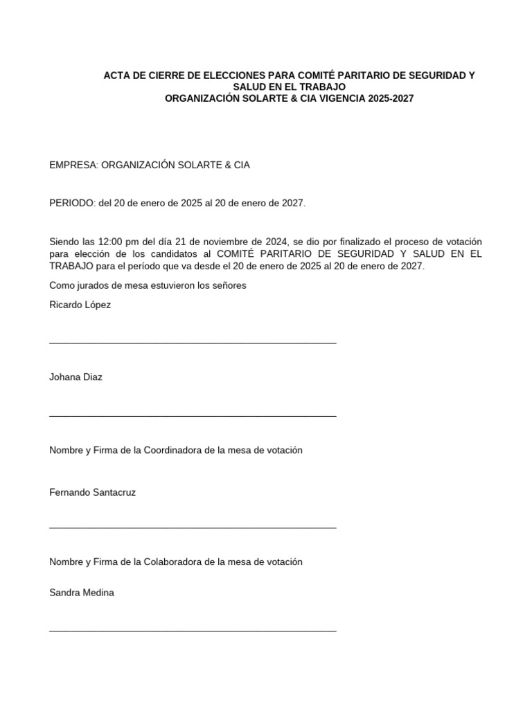 Acta de Cierre Elecciones Comité Paritario | PDF