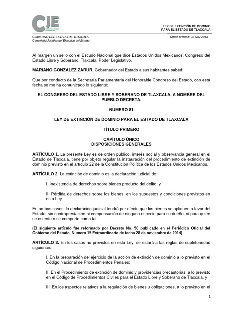 Ley de Extincion de Dominio para El Estado de Tlaxcala 28-11-2014 | PDF ...