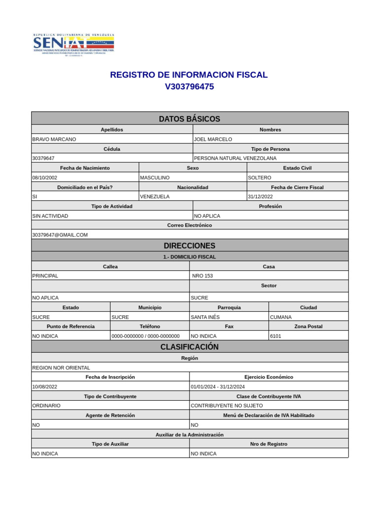 Registro RIF de Joel Bravo Marcano | PDF