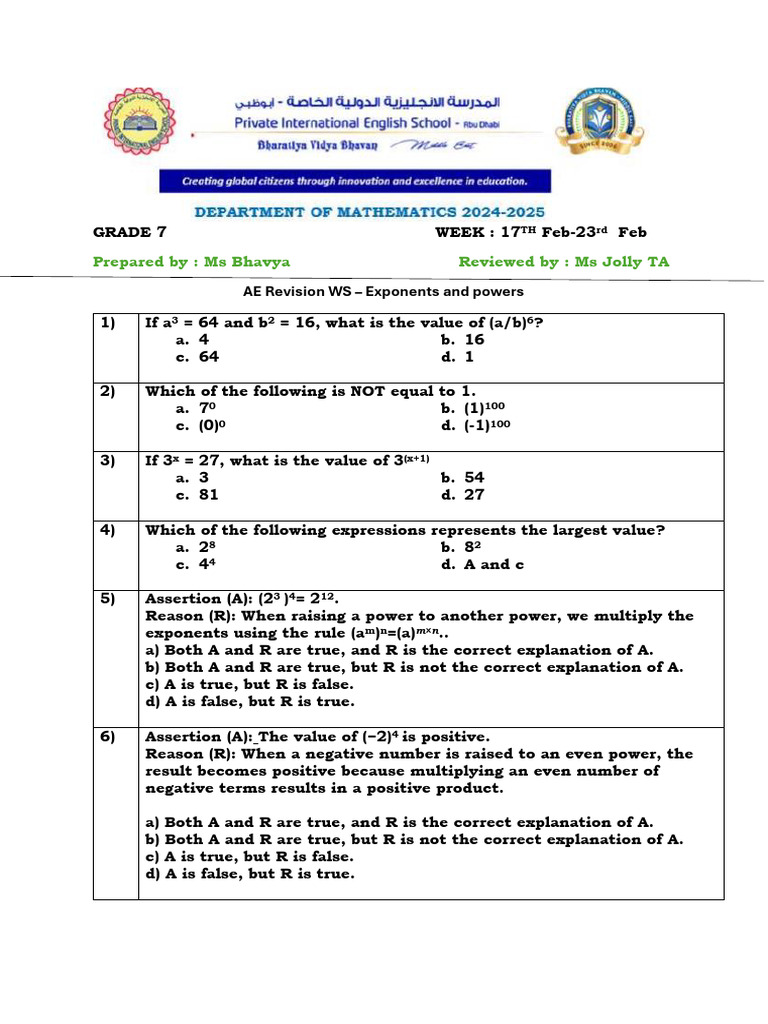 Exponents and Powers - AE Revision Worksheet | PDF | Exponentiation ...