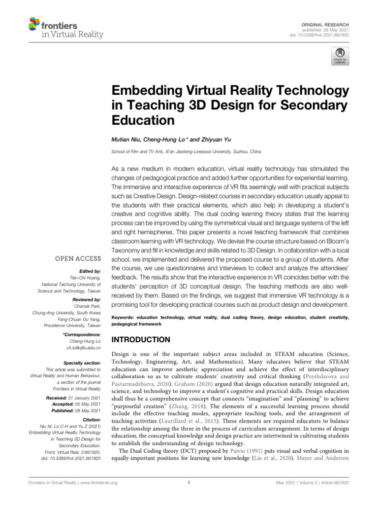 VR Technology in 3D Design Education | PDF | Virtual Reality | Learning