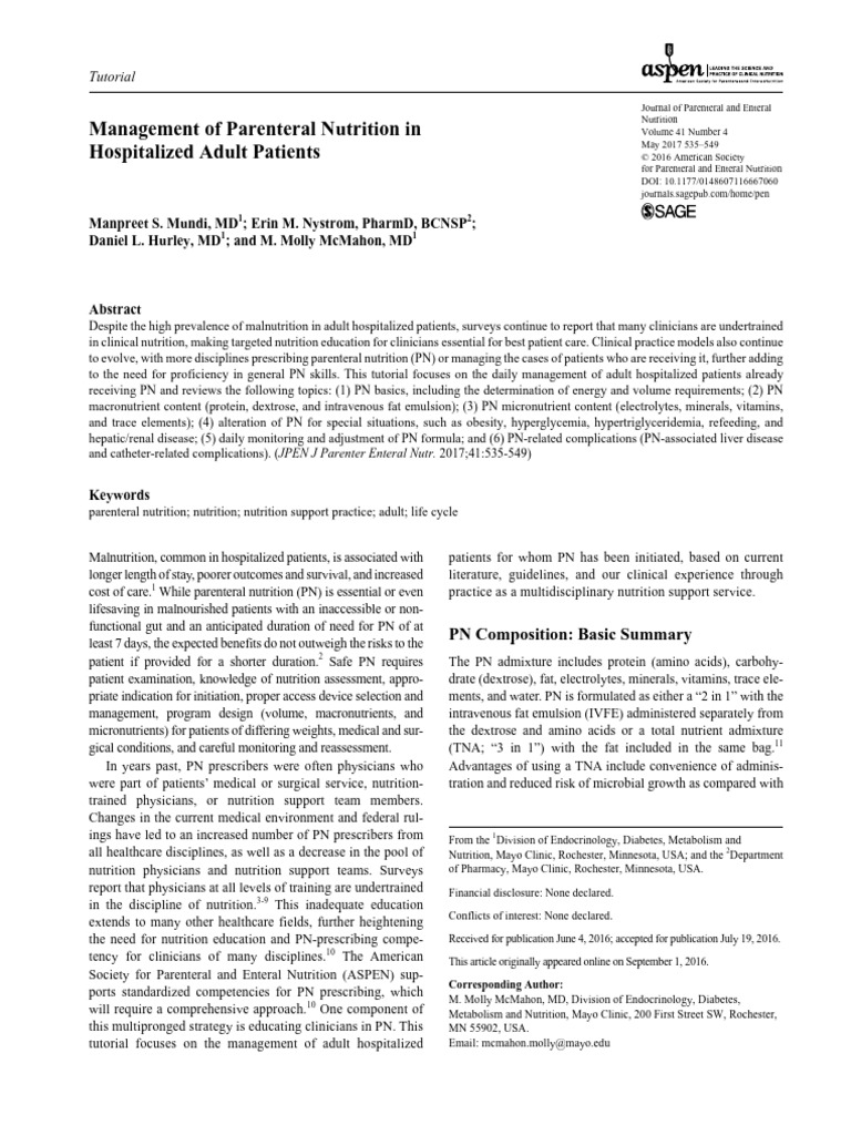 Managing Parenteral Nutrition in Adults | PDF | Nutrition | Diet ...