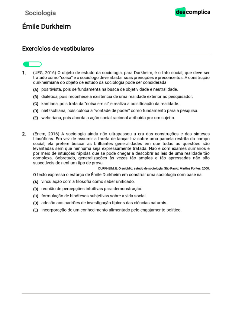 Vod Exercicios Sobre Emile Durkheim 1a971 | PDF | Sociologia | Émile ...