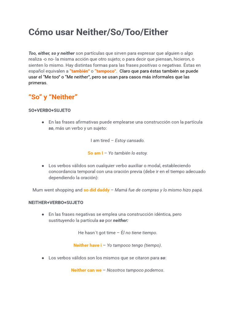 Cómo Usar Neither - So - Too - Either | PDF