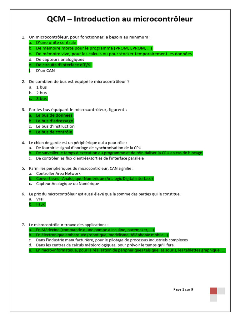 QCM sur les microcontrôleurs et leurs fonctions | PDF | Microcontrôleur ...