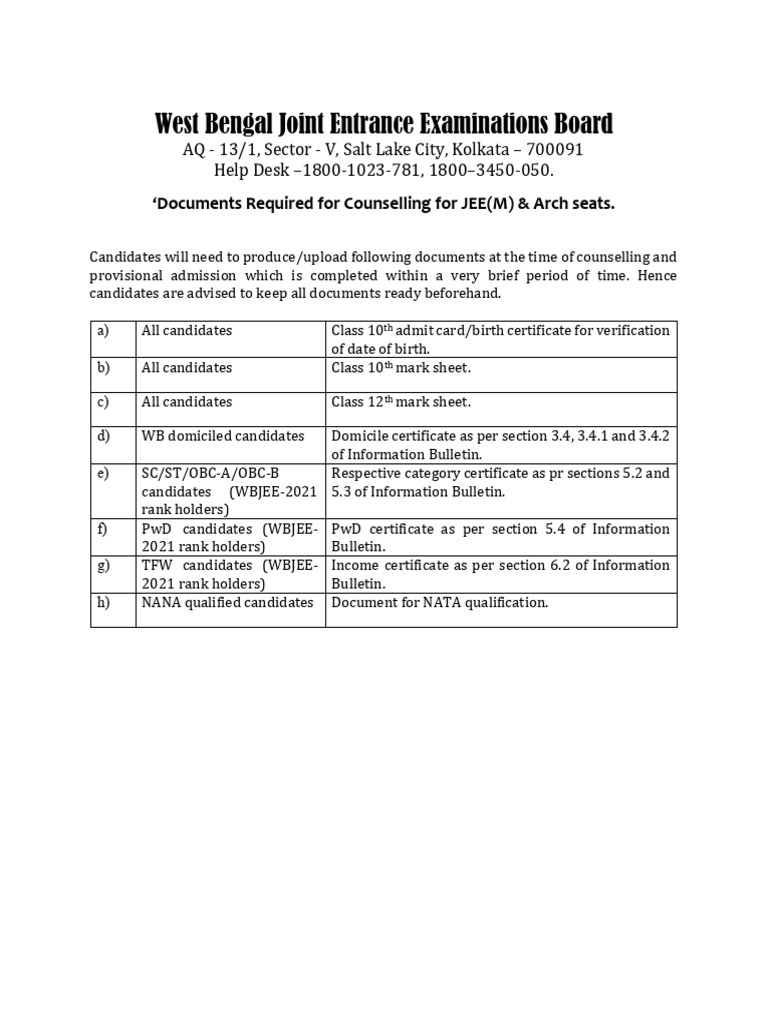 WBJEE Counselling Document Checklist | PDF