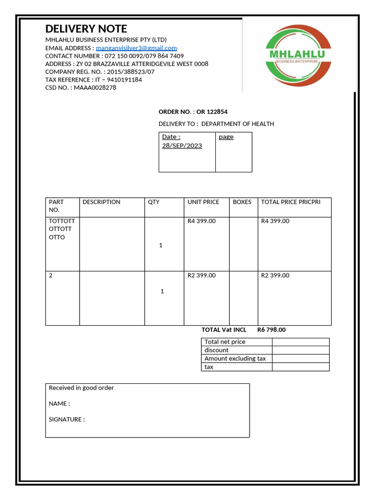 Department of Health Delivery Note Mhlahlu | PDF
