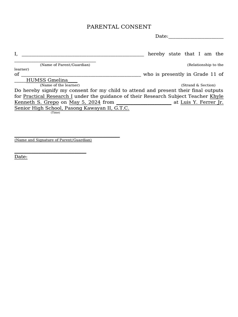Parental Consent Form for Research Presentation | PDF