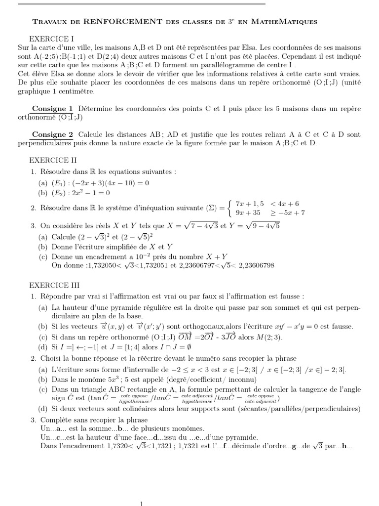 Renforcement en Mathématiques 3e | PDF | Mathématiques | Concepts ...