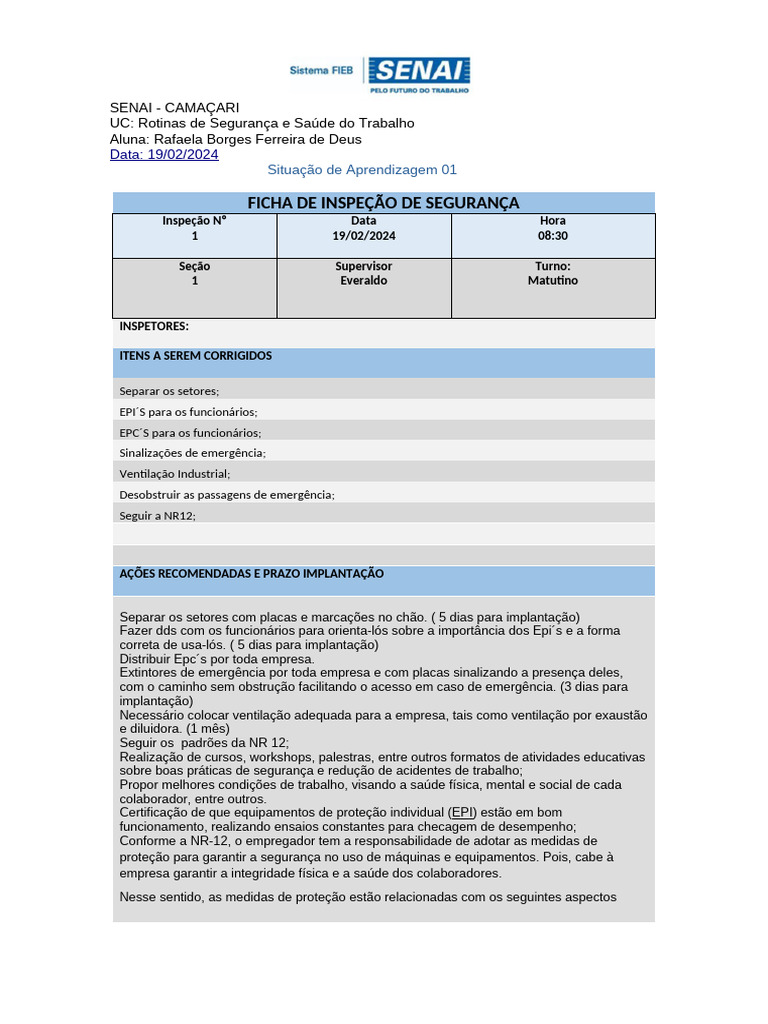 Inspeção de Segurança no Trabalho SENAI | PDF