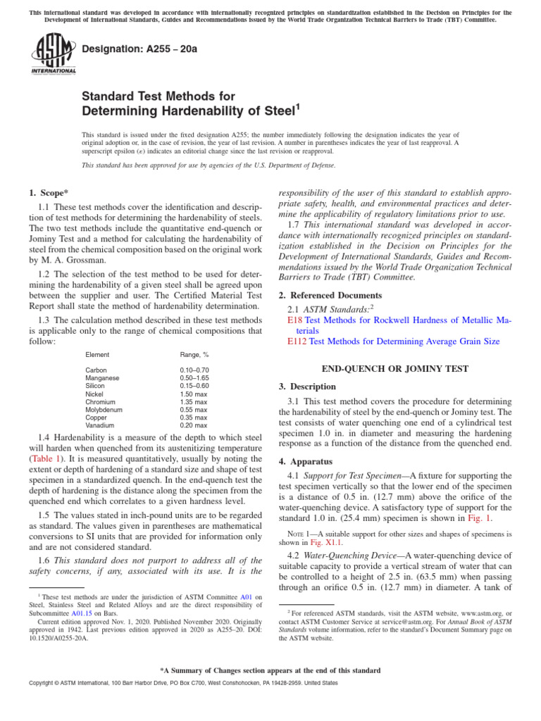 ASTM A255 Hardenability Test Methods | PDF | Steel | Physical Sciences