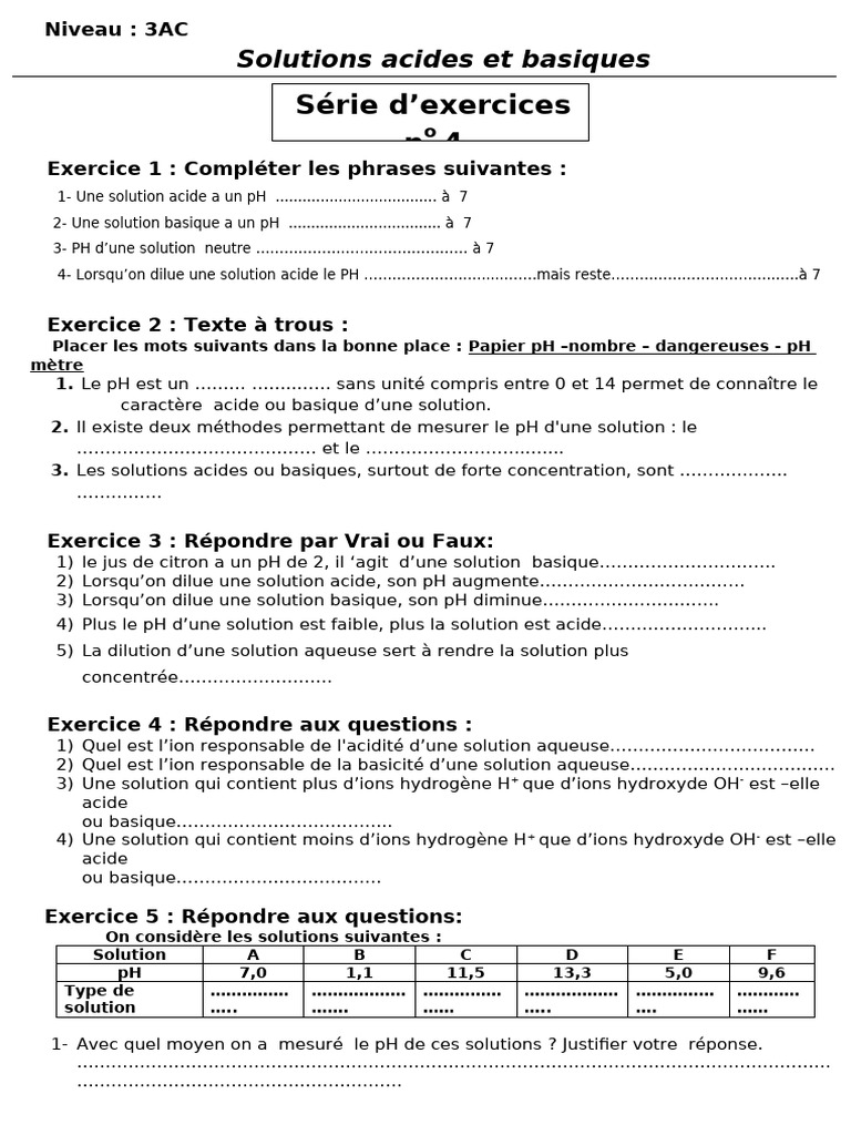 Solutions Acides et Basiques : Exercices | PDF | Ph | Acide