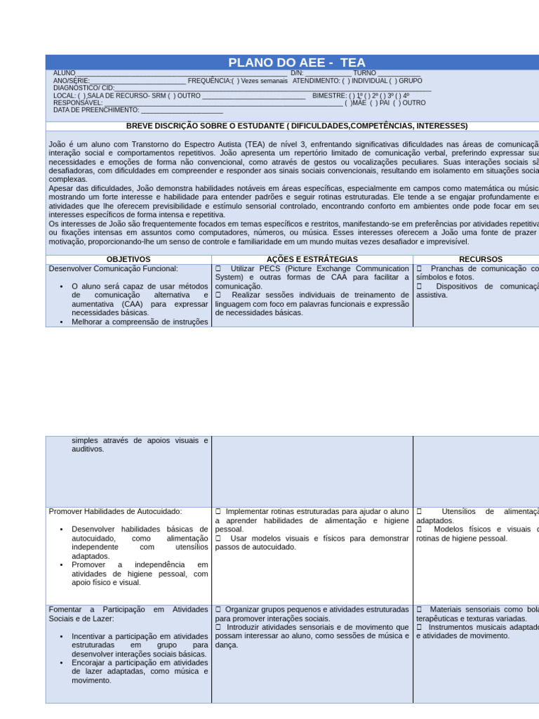 Plano AEE para Aluno com TEA | PDF | Comunicação | Autismo