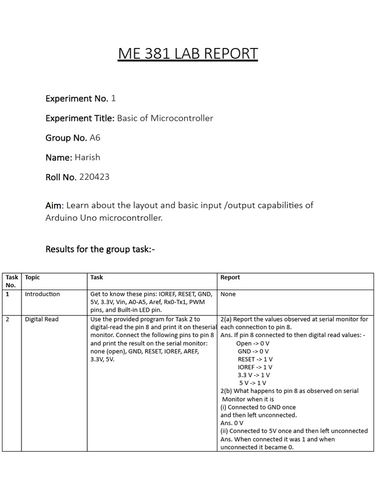 Arduino Uno Microcontroller Lab Report | PDF | Telecommunications ...