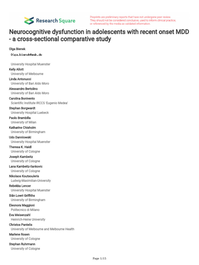 Neurocognitive Dysfunction in Adolescents With Recent Onset MDD | PDF ...