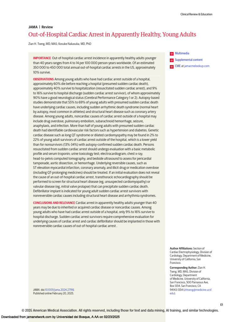 Out of Hospital Cardiac Arrest in Apparently Healthy, Young Adults ...