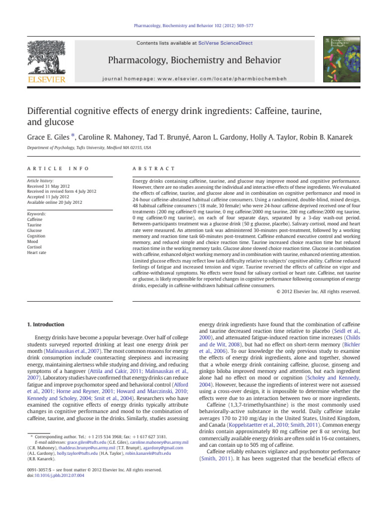 Cognitive Effects of Energy Drink Ingredients | PDF | Caffeine | Mental ...
