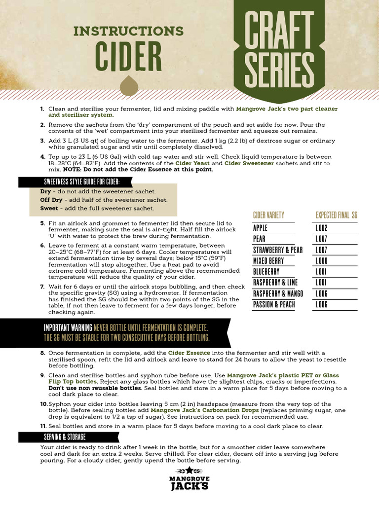 MJ_CS_CIDER_A4_INSTRUCTIONS (1) | PDF | Cider | Fermented Drinks