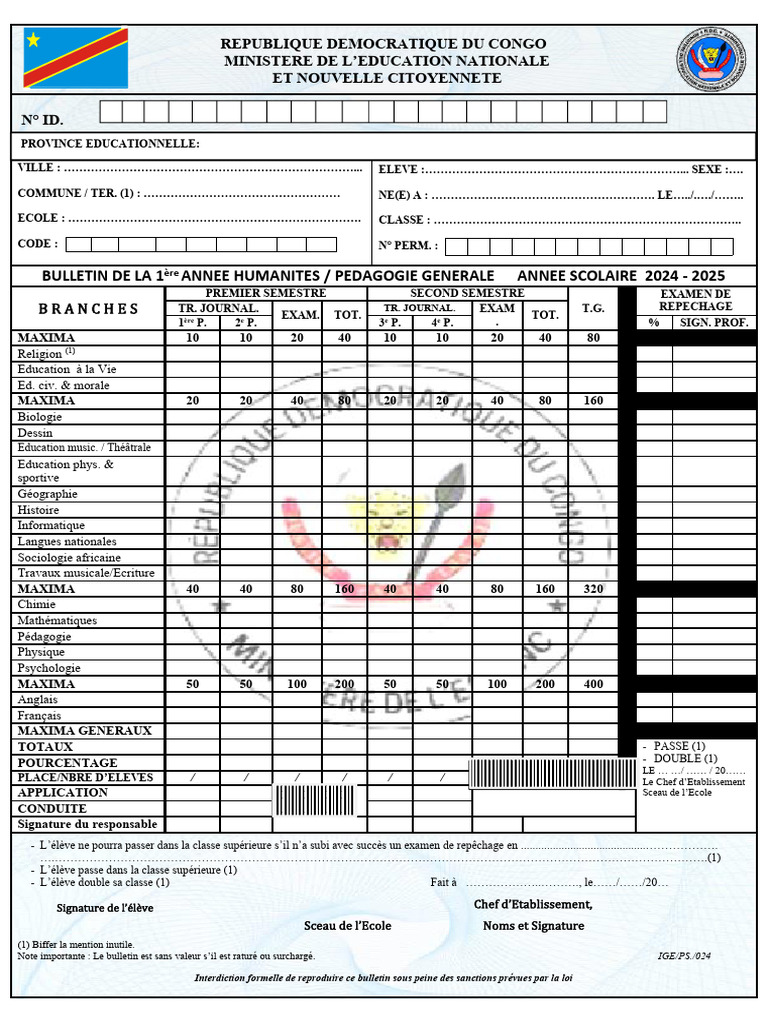 Bulletin Scolaire RDC 2024-2025 | PDF | Enseignement des Arts libéraux ...
