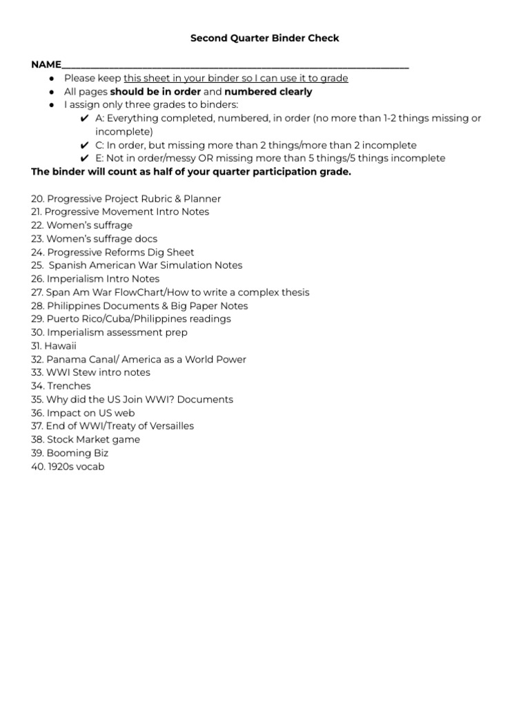 Second Quarter Binder Check Guidelines | PDF