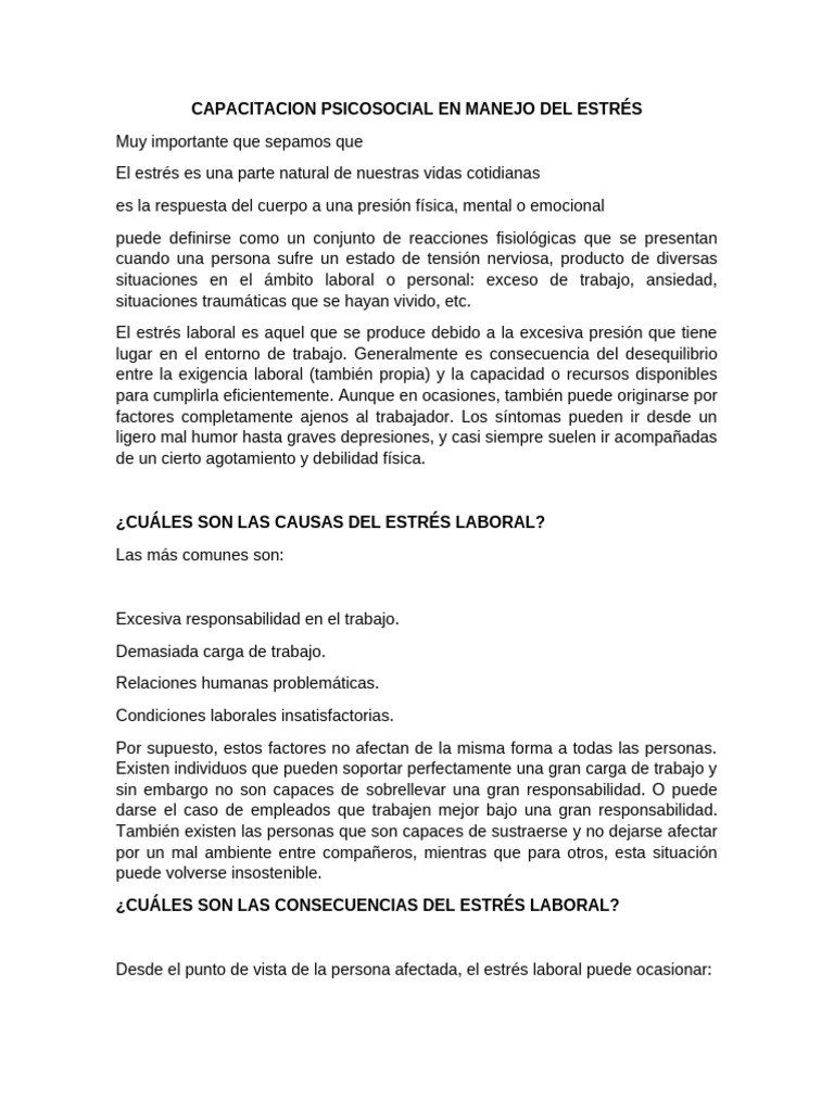 Capacitacion Psicosocial en Manejo Del Estrés | PDF | Estrés (biología ...