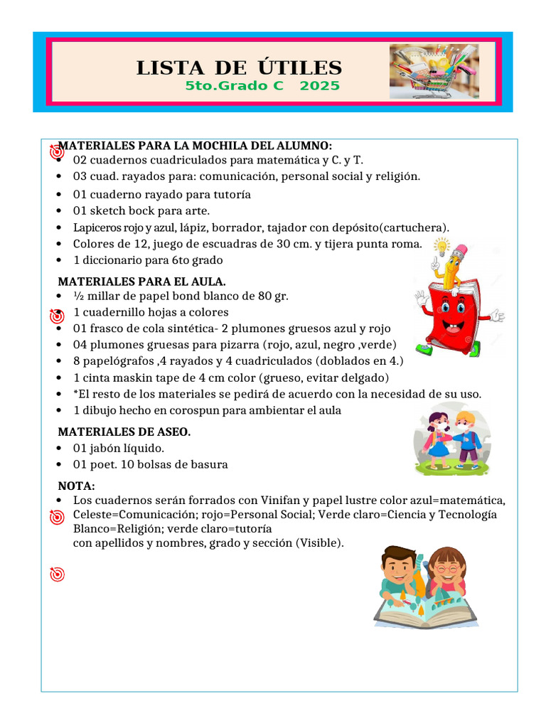 Lista de útiles 5to grado C 2025 | PDF