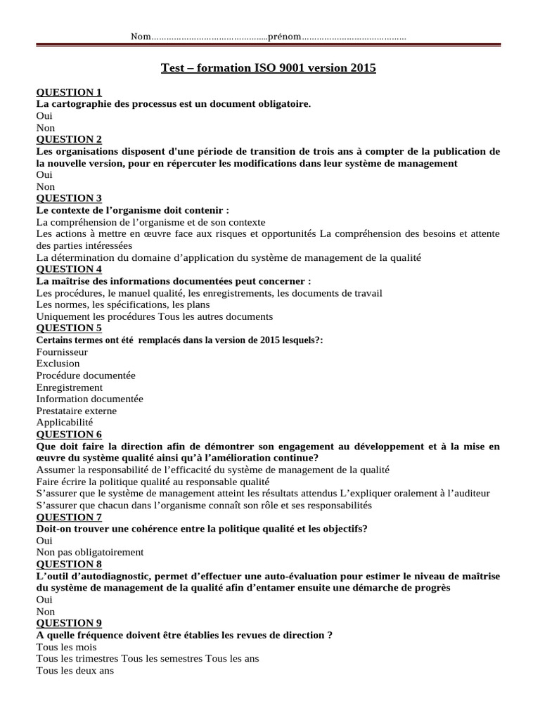 Test ISO 9001:2015 - Questionnaire | PDF | Management de la qualité ...