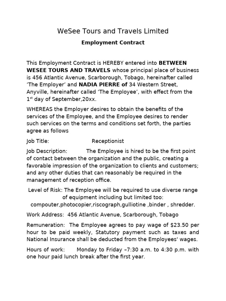 WeSee Tours Employment Contract Template | PDF