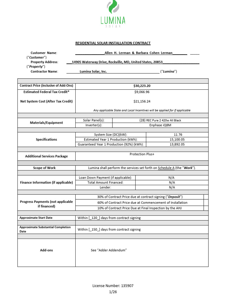 Lumina Solar Residential Contract | PDF | Breach Of Contract | Damages