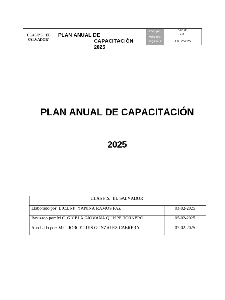 Plan de Capacitación 2025 CLAS P.S. El Salvador | PDF