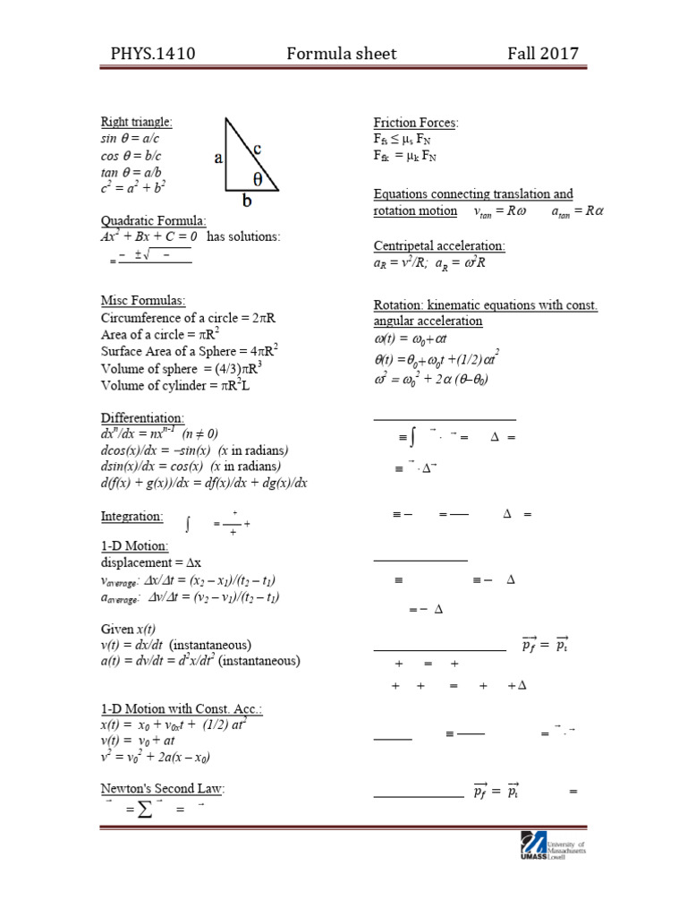 Physics 1410 Formula Sheet 2017 | PDF | Area | Mechanics