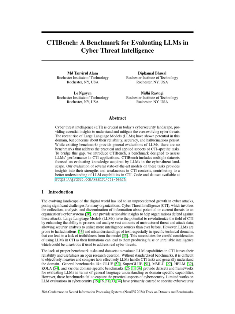 CTIBench - A Benchmark For Evaluating LLMs in Cyber Threat ...