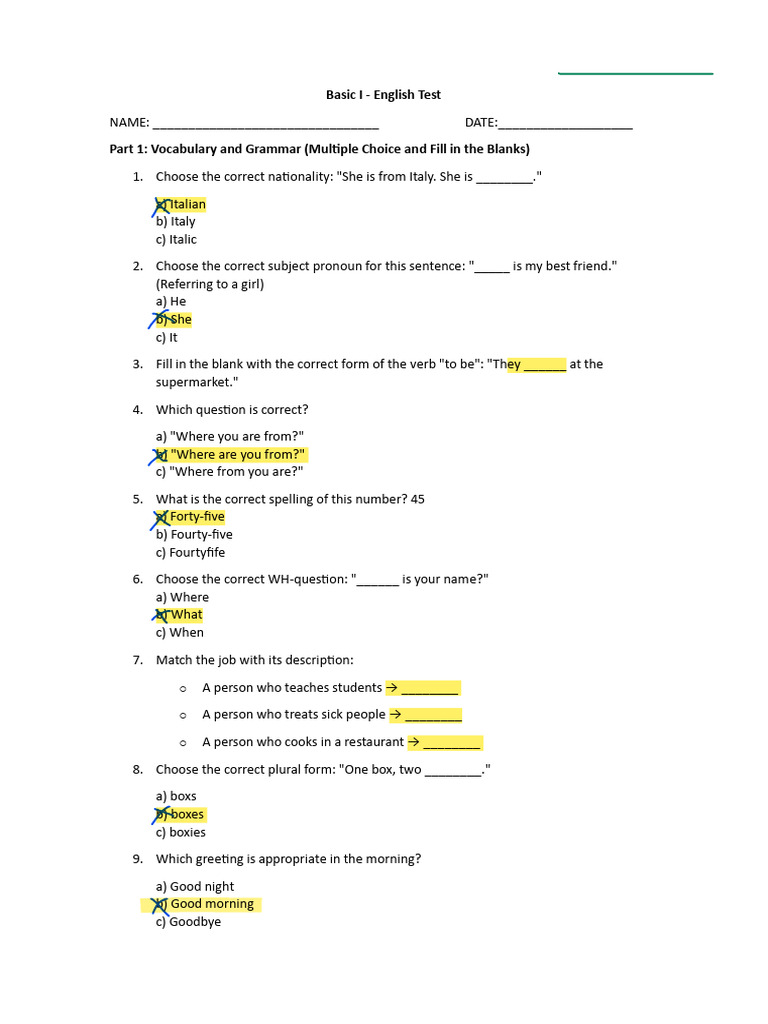 Basic English Test: Vocabulary & Grammar | PDF | Linguistics | Morphology