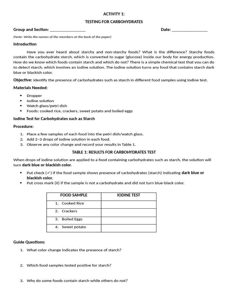 Iodine Test for Carbohydrates in Foods | PDF