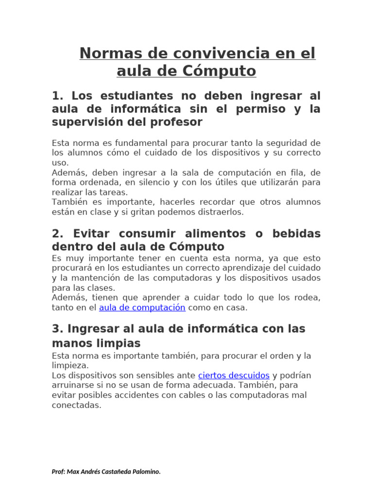 Normas de Convivencia en Aula de Cómputo | PDF | Salón de clases | Maestros