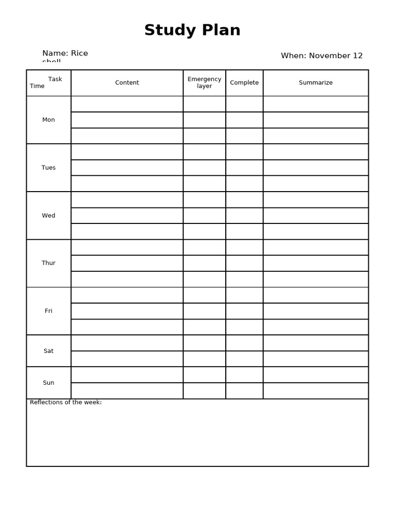 Weekly Study Plan for Rice | PDF