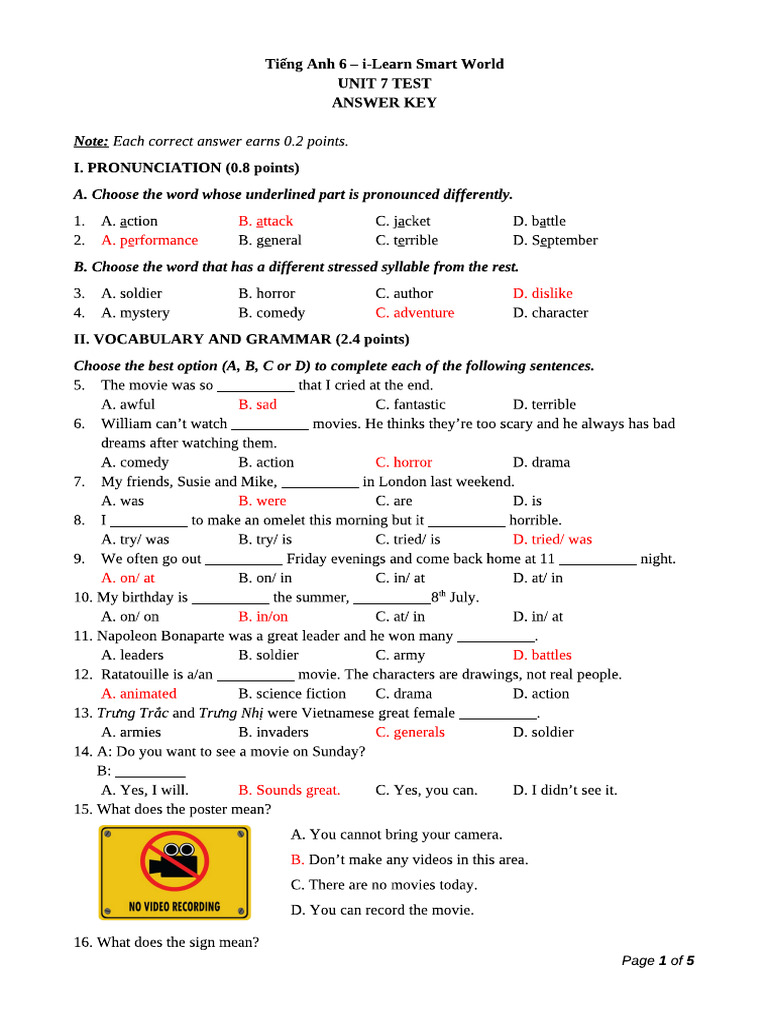Tiếng Anh 6 Smart World - Unit 7 Test khác Answer | PDF