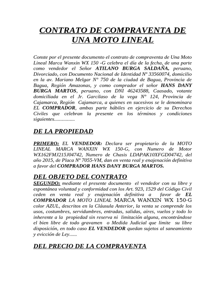 Contrato de Compraventa de Moto Wanxin | PDF | Derecho civil (sistema ...