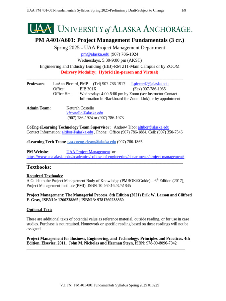 PM 401 601 Fundamentals Syllabus Spring 2025 010225 v.1 | PDF | Project ...