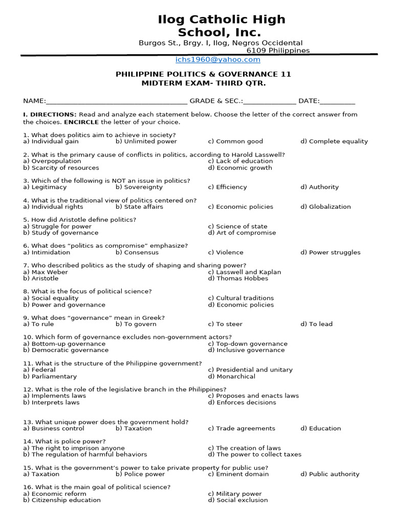 Philippine Politics & Governance Exam Guide | PDF | Governance | Power ...