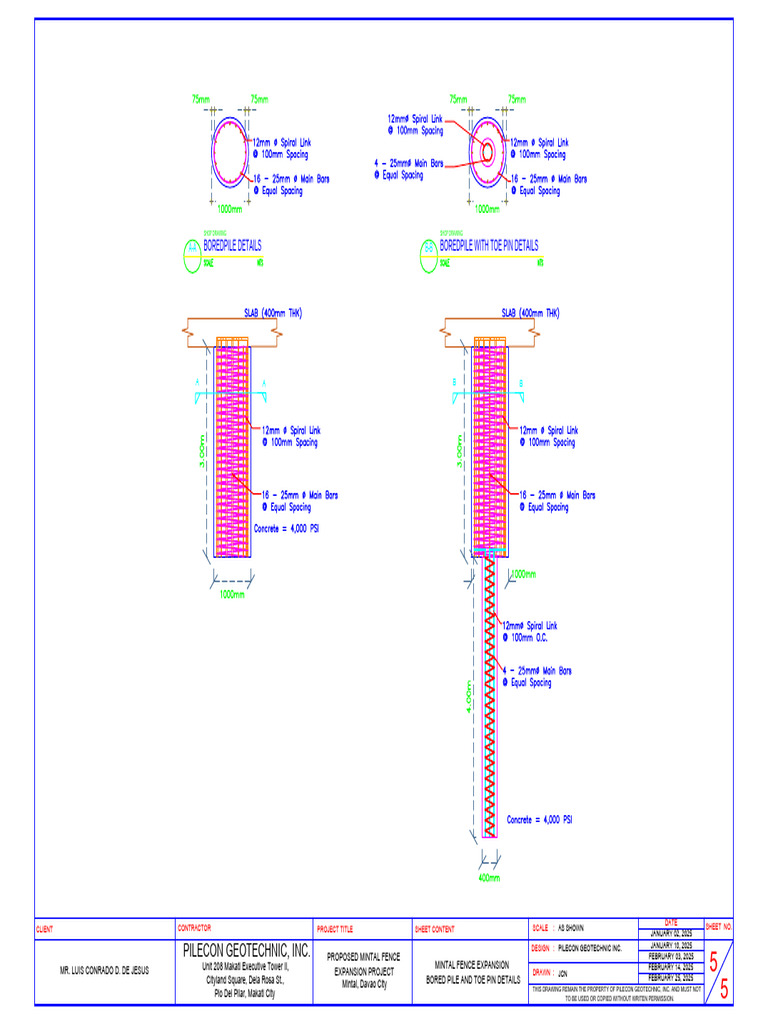 Bored Pile and Toe Pin Details | PDF | Civil Engineering