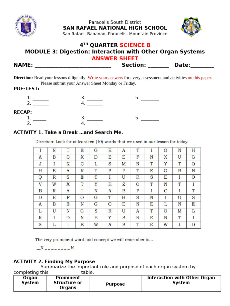 Science 8 Answer Sheets: Digestion & Cell Cycle | PDF | Mitosis ...