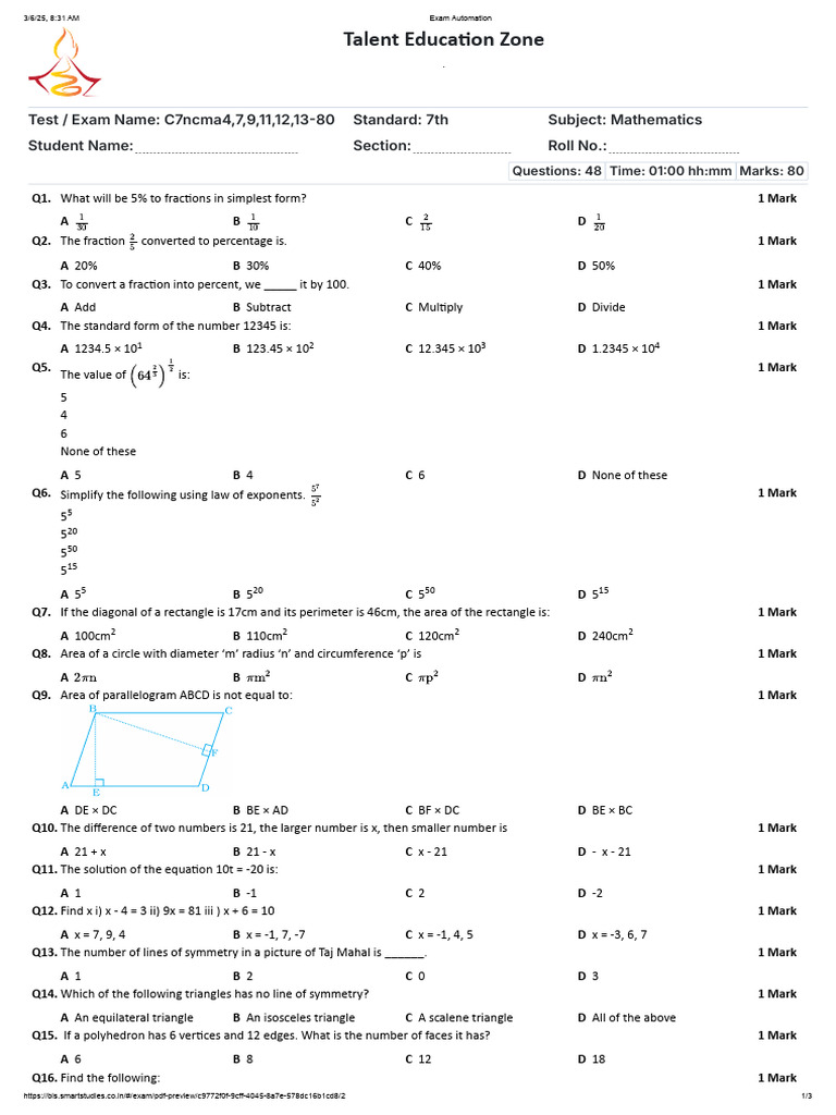 Math Exam Questions for 7th Grade | PDF | Area | Elementary Geometry