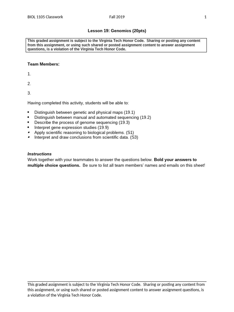 Genomics Classwork Assignment Guide | PDF | Dna Sequencing | Macromolecules