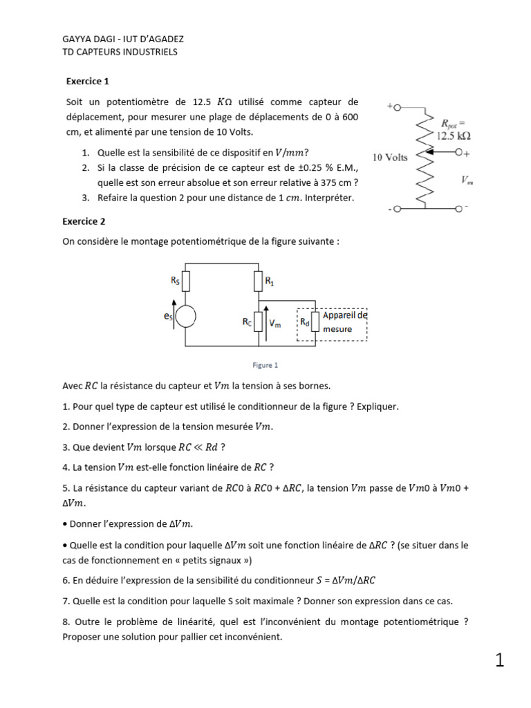 TD Capteurs Industriels : Exercices et Solutions | PDF | Électricité ...