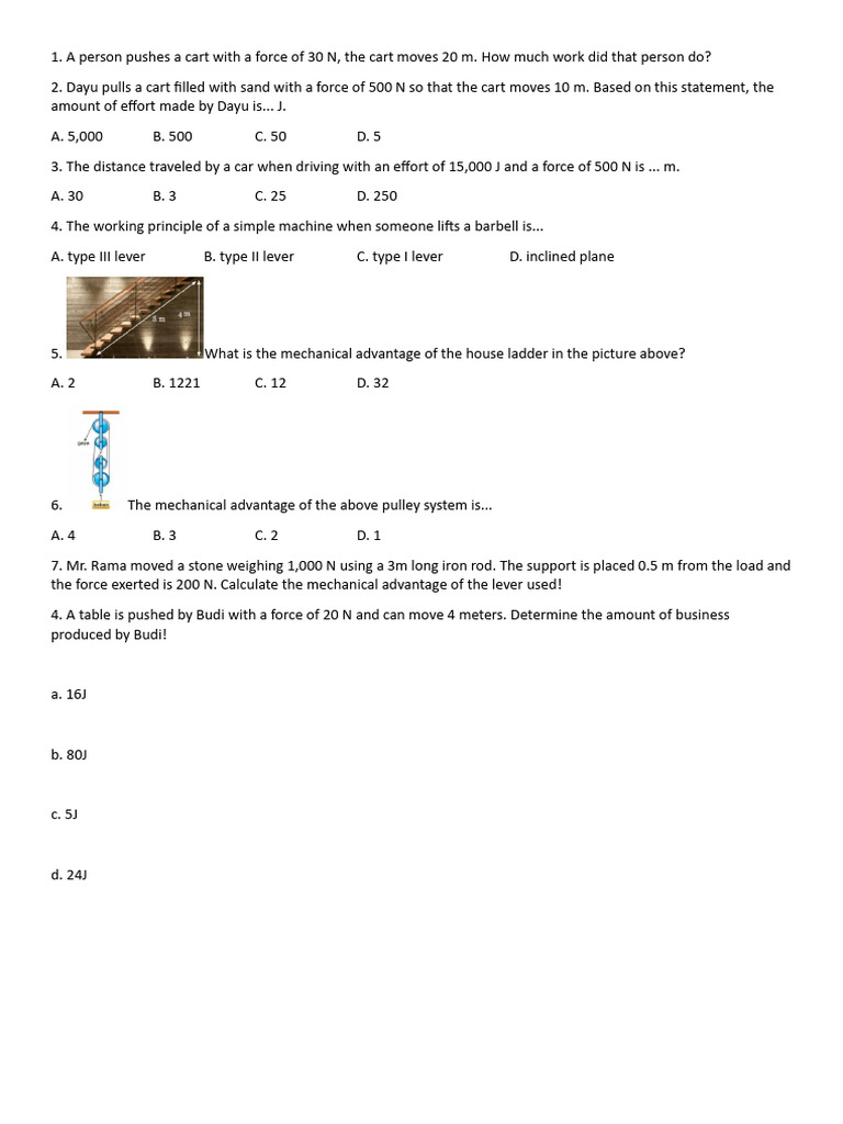 Work and Mechanical Advantage Problems | PDF